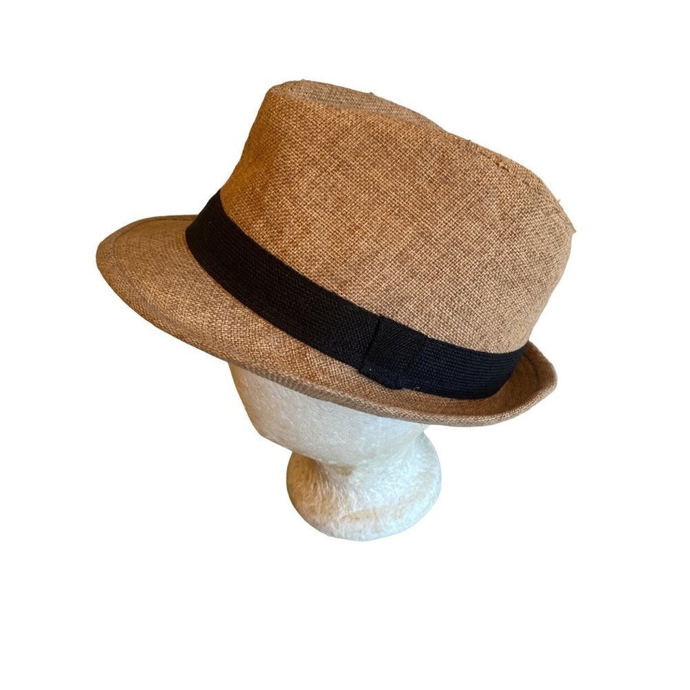 Brown Burlap Fedora Black Band One Size - Picture 1 of 6